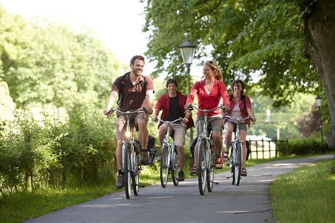 Eine Gruppe von vier Radfahrern entland des DEK-Radwegs&nbsp;&copy;&nbsp;Emsland Bilddatenbank