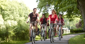 Eine Gruppe von vier Radfahrern entland des DEK-Radwegs