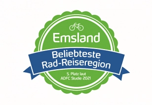 Siegel: Emsland "Beliebteste Rad-Reiseregion" 5. Platz laut ADFC Studie 2021&nbsp;&copy;&nbsp;Gesellschaft zur Förderung des Emsland Tourismus mbH