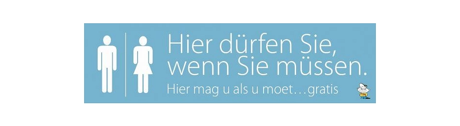 Sticker_Nette_Toilette Erkennungssticker für Betriebe, die an der Aktion "Hier dürfen Sie, wenn Sie müssen" teilnehmen. Er zeigt das Symbol für Damen-/Herrentoilette und den Slogan der Aktion. © Tourist Information Meppen (TIM) e. V.